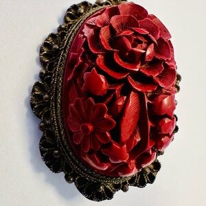 Vintage Chinese red Cinnabar ornate floral carved broach brass base